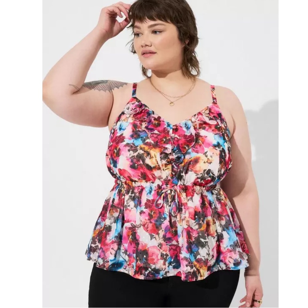 Torrid Women’s Size 2 Floral Chiffon Clip Dot Ruffle Tie Waist Tank NWOT